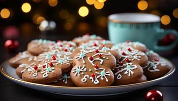 AI generated Homemade gingerbread cookies decorate the winter table with sweetness generated by AI photo