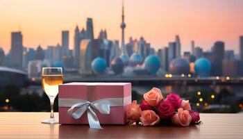 ai generado romántico paisaje urbano a noche, celebrando amor con champán y regalos generado por ai foto