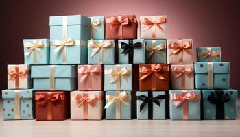 AI generated A stack of wrapped gift boxes in shiny, multi colored packaging generated by AI photo