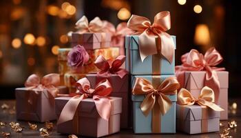 AI generated A stack of wrapped gift boxes, illuminated with shiny decorations generated by AI photo