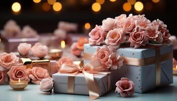AI generated Romantic candlelight illuminates elegant gift box with beautiful flowers generated by AI photo