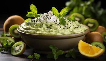 AI generated Freshness and nature in a bowl of healthy, organic guacamole generated by AI photo