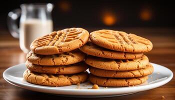 AI generated A stack of homemade chocolate chip cookies on a wooden table generated by AI photo