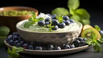 AI generated Fresh blueberry yogurt dessert with mint leaf and raspberry topping generated by AI photo
