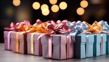 AI generated A stack of shiny gift boxes, wrapped in colorful paper generated by AI photo