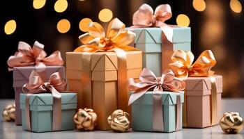 AI generated A stack of wrapped gift boxes, shiny and colorful generated by AI photo