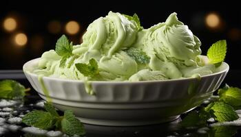 AI generated Fresh mint leaf enhances gourmet ice cream dessert generated by AI photo