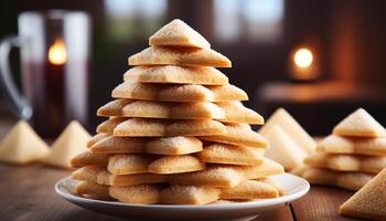 AI generated Homemade dessert sweet, crunchy cookie stack on wooden table generated by AI photo