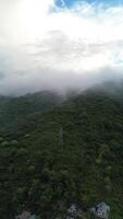 vertical aéreo imágenes de niebla en el montañas después tarde lluvia en gorontalo provincia, Indonesia video