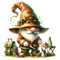 AI generated Garden gnome with a lush white beard, donning a leaf-adorned green hat. png