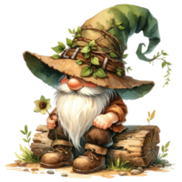 AI generated Garden gnome with a lush white beard, donning a leaf-adorned green hat. png