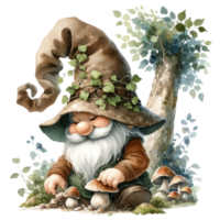 AI generated Garden gnome with a lush white beard, donning a leaf-adorned green hat. png
