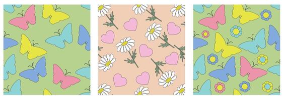 colección de maravilloso hippie floral sin costura patrones. verano antecedentes en retro 60s 70s estilo con mariposas flores y corazones. vector ilustraciones para envase, textil, carteles, social medios de comunicación