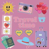 Travel set. Traveling collection accessories. Set of cute vector summer stickers for daily planner. Collection of scrapbooking elements