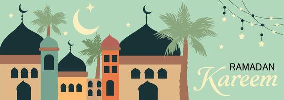 Ramadan Kareem banner, poster holiday cover template. Modern art design in pastel colors with pattern of beautiful arabian old ancient city against the backdrop of a bright crescent moon and stars vector