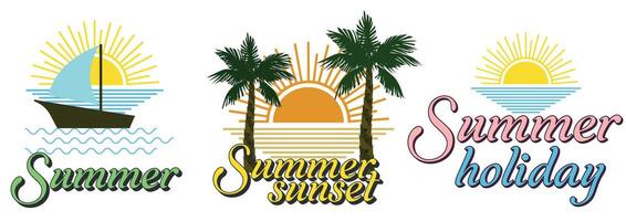 Summer tropical t-shirt design with palm trees and sun. Summer beach college style slogan print. Tee shirt and apparel print design. Modern line t shirt illustration with font print vector