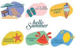 Summer lettering set with cute holiday elements. Big cute set of summer labels, stickers, logos, hand drawn tags and elements for summer vacation. Template for tropical paradise vacation advertising. vector