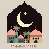 Ramadan Kareem vector illustration in flat geometric style design for poster, greeting card, banner and cover. Modern art design with pattern of beautiful arabian old ancient city against the backdrop