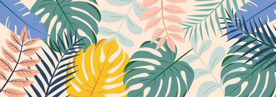 Tropical leaves background vector. Botanical foliage banner design hand drawn colorful palm leaf, monstera leaves line art. Design for wallpaper, cover, cards, packaging, flyer. vector