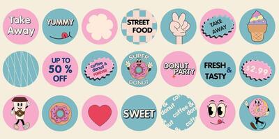 Donut and Coffee retro cartoon fast food stickers. Comic character, slogan, quotes and other elements for cafeteria, cafe, restaurant. Groovy funky in trendy retro cartoon style. Vector illustration