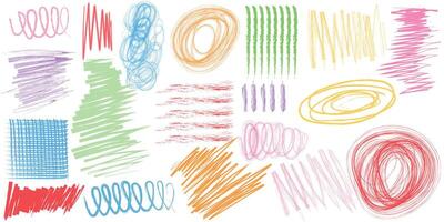 Hand drawn brush stroke sketch textures. Scribble doodle abstract geometric shapes set. Multi colored crayon strokes, dots and spirals. Grunge smears, thin and thick chalk strokes vector