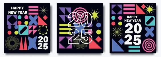 2025 Happy New Year posters set. Vector design templates on geometric style. Design templates with typography logo 2025 for celebration and season decoration. Minimalistic trendy backgrounds.