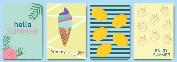 Creative concept of summer bright and juicy background. Modern abstract art design with ice cream, lemons and tropical leafs. Templates for celebration, ads, branding, banner, cover, label, poster vector