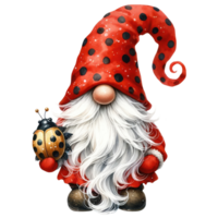 ai généré capricieux illustration de une mignonne coccinelle gnome avec une longue blanc barbe, portant une rouge polka point chapeau avec une amical coccinelle. png