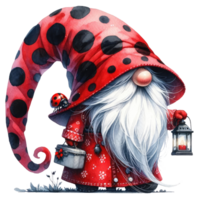 AI generated Whimsical illustration of a cute ladybug gnome with a long white beard, wearing a red polka dot hat with a friendly ladybug. png