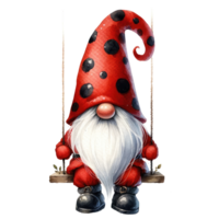 ai genererad nyckfull illustration av en söt nyckelpiga gnome med en lång vit skägg, bär en röd polka punkt hatt med en vänlig nyckelpiga. png