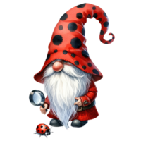 ai gegenereerd grillig illustratie van een schattig lieveheersbeestje gnoom met een lang wit baard, vervelend een rood polka punt hoed met een vriendelijk lieveheersbeestje. png