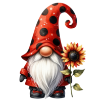 ai generiert wunderlich Illustration von ein süß Marienkäfer Gnom mit ein lange Weiß Bart, tragen ein rot Polka Punkt Hut mit ein freundlich Marienkäfer. png