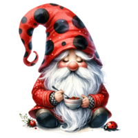 ai généré capricieux illustration de une mignonne coccinelle gnome avec une longue blanc barbe, portant une rouge polka point chapeau avec une amical coccinelle. png