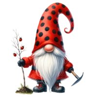 ai genererad nyckfull illustration av en söt nyckelpiga gnome med en lång vit skägg, bär en röd polka punkt hatt med en vänlig nyckelpiga. png