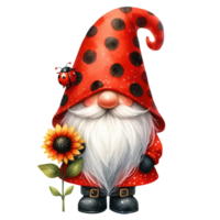 AI generated Whimsical illustration of a cute ladybug gnome with a long white beard, wearing a red polka dot hat with a friendly ladybug. png