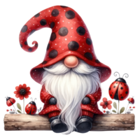 ai généré capricieux illustration de une mignonne coccinelle gnome avec une longue blanc barbe, portant une rouge polka point chapeau avec une amical coccinelle. png