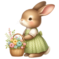 ai généré illustration de une lapin dans une vert robe avec Pâques des œufs png