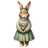 ai généré illustration de une lapin dans une vert robe avec Pâques des œufs png