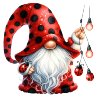 ai généré capricieux illustration de une mignonne coccinelle gnome avec une longue blanc barbe, portant une rouge polka point chapeau avec une amical coccinelle. png