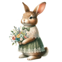 ai généré illustration de une lapin dans une vert robe avec Pâques des œufs png