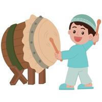 Cute moslem little boy hits a drum mosque eid al fitr day illustration vector