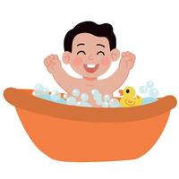 linda bebé chico tomar un bañera con pequeño Pato vector ilustración
