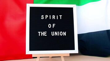 SPIRIT OF THE UNION text frame on United Arab Emirates waving flag made from silk material. Independence Commemoration Day Muslim Public holiday celebration background. The National Flag of UAE. Patriotism video