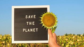 Unrecognizable person with banner message SAVE THE PLANET in sunflower field on sunny day. Sign EARTH day. Concept of ecology and eco activism environmental issues Stop global warming. Go green sustainable video