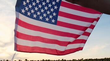 golvend Amerikaans vlag Aan zon achtergrond. vlag van de Verenigde staten van Amerika. juli 4e onafhankelijkheid dag. Verenigde Staten van Amerika patriottisme nationaal vakantie. Verenigde Staten van Amerika trots. video