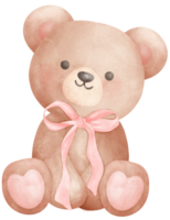 Adorable Coquette Teddy Bear with pink ribbon bow Watercolor Illustration png