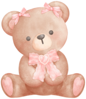 Adorable Coquette Teddy Bear with pink ribbon bow Watercolor Illustration png