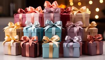 AI generated A stack of wrapped gift boxes in various colorful patterns generated by AI photo