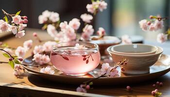 ai generado frescura de primavera en un rosado flor florecer en un mesa generado por ai foto