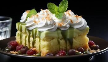 ai generado Fresco gastrónomo postre dulce Fruta rebanada con menta hoja decoración generado por ai foto